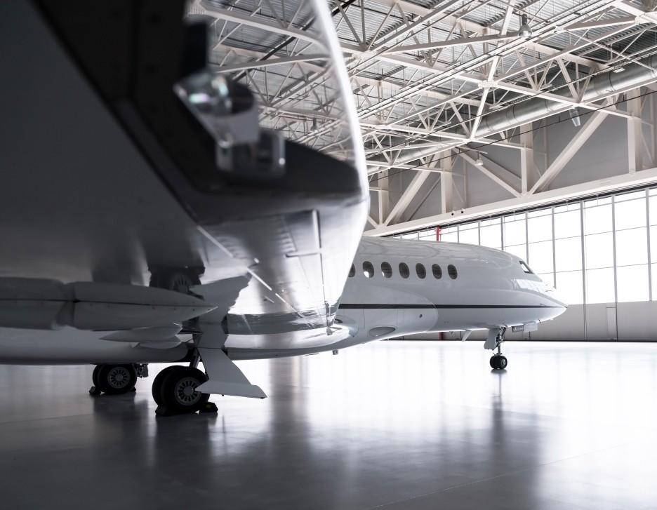 Private jet inside a closed hangar