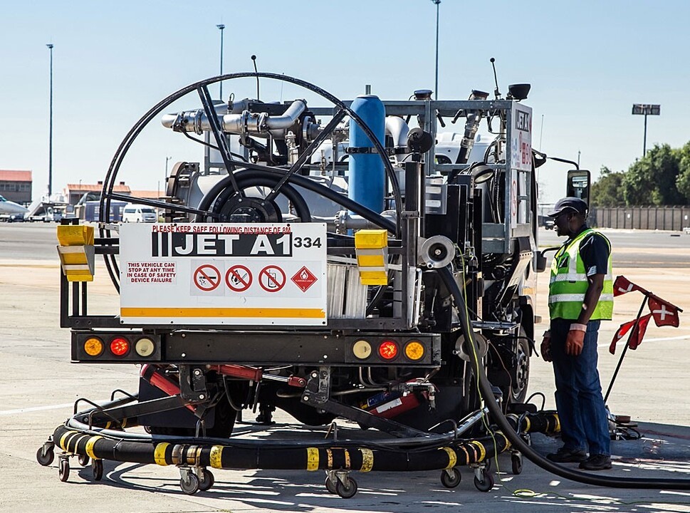 Sustainable Aviation Fuel truck parked on an airport ramp